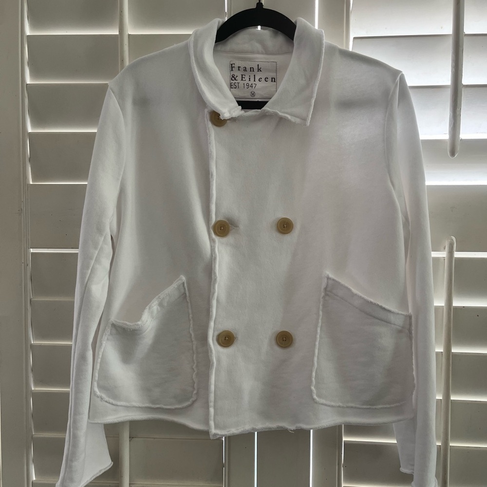 Frank & Eileen White Double-Breasted Pea Coat with Tan Buttons
